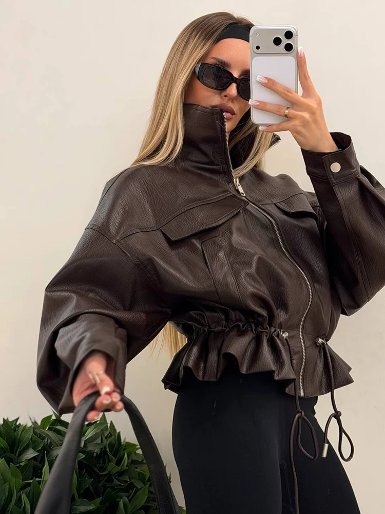 Trendy Vintage Faux Leather Jacket Casual Chic Classic Women's Outerwear Versatile Fall Fashion Daily Modern Streetwear
