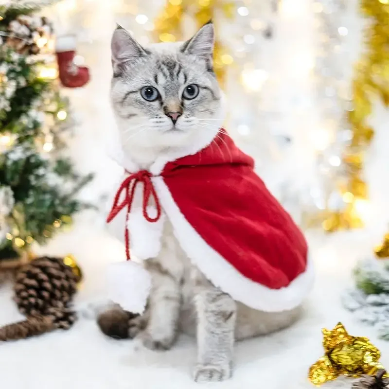 New Year\'s Pet Cat Christmas Cape Cloak Teddy Dog Small Puppy Kitten Autumn and Winter Hat Collar Cat Cosplay Clothes