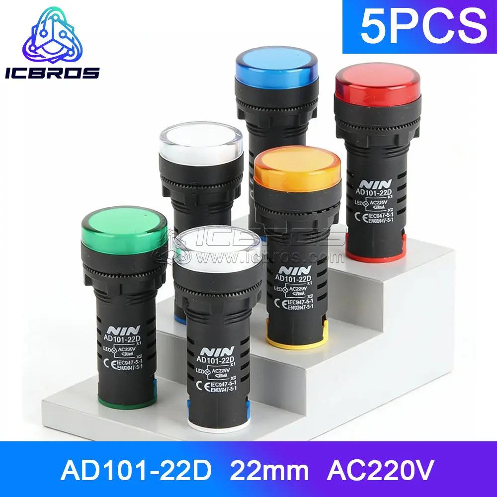 5pcs/lot Plastic Indicator Signal Lamp 22mm AD101-22D Indicator High Quality Signal Light Red Blue Green Yellow White LED AC220V