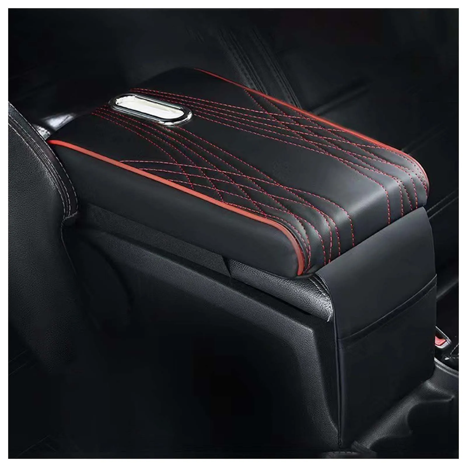 เบาะรองแขนกลางรถยนต์ ทำจากหนัง PU พร้อมเมมโมรี่โฟม ช่วยเพิ่มความสูง พร้อมช่องเก็บของและกล่องใส่กระดาษทิชชู่สำหรับรถยนต์