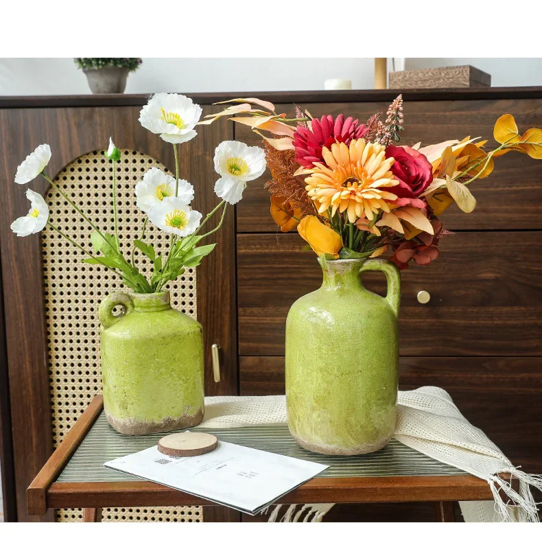 American Country Ceramic Green Ice Crack Glaze Handle Vase Square Home Decoration Craft Flower Ware