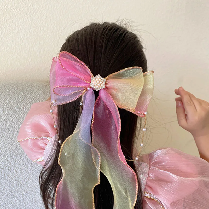 Putri gadis dikepang jepit rambut mutiara rumbai jepit rambut gradien pita busur klip rambut anak Streamer tenun hiasan kepala hiasan kepala