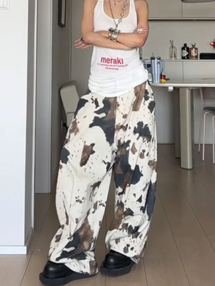 الأمريكية الرجعية الساخن فتاة تصميم المشمش البقرة نمط الجينز فضفاض واسعة الساق الطابق طول السراويل عارضة عالية الخصر الدنيم للنساء