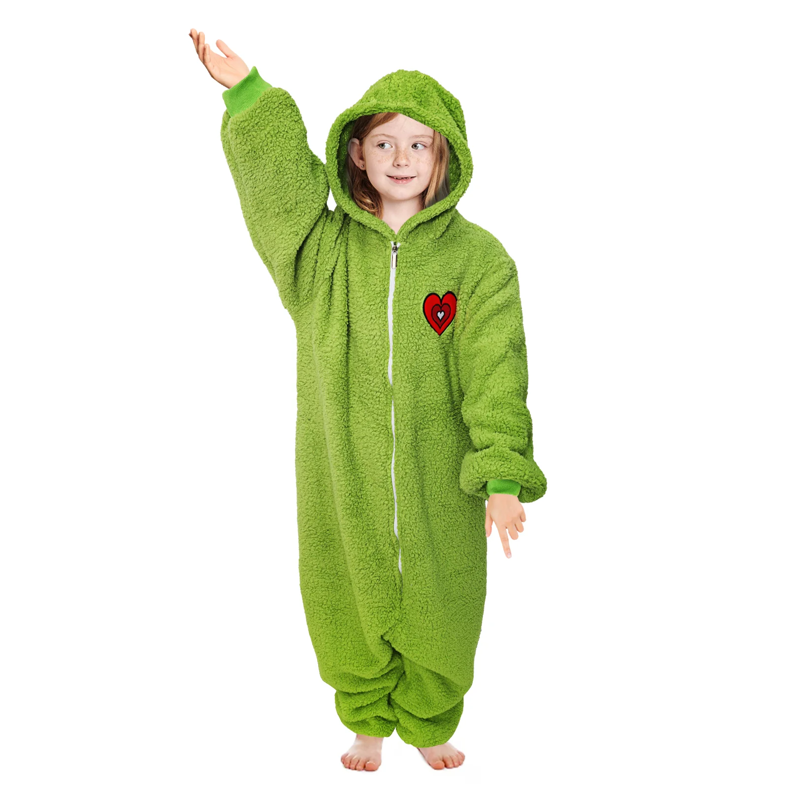 

Boys Girls Christmas Fuzzy Plush Warm Holiday Hooded Union Suit Pajamas Zipper Heart Pattern Xmas Cosplay Costume For Adult