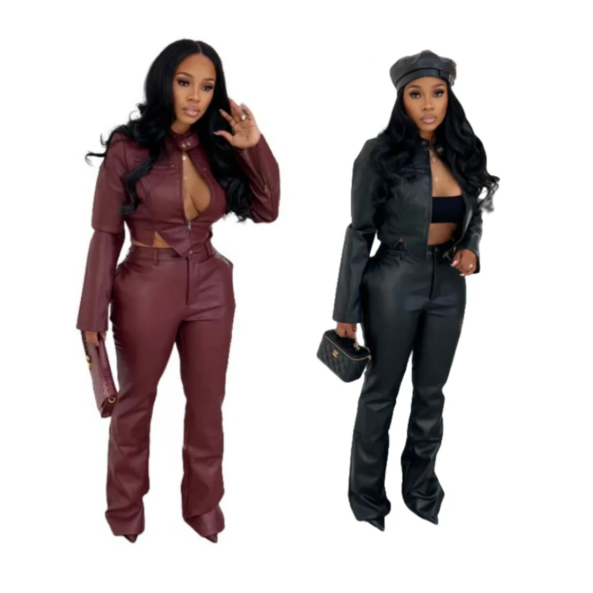 Solid PU Leather 2 Piece Set Women Fashion Stand Collar Long Sleeve Zip-up Jackets Crop Tops + Straight Pants Casual Street Suit