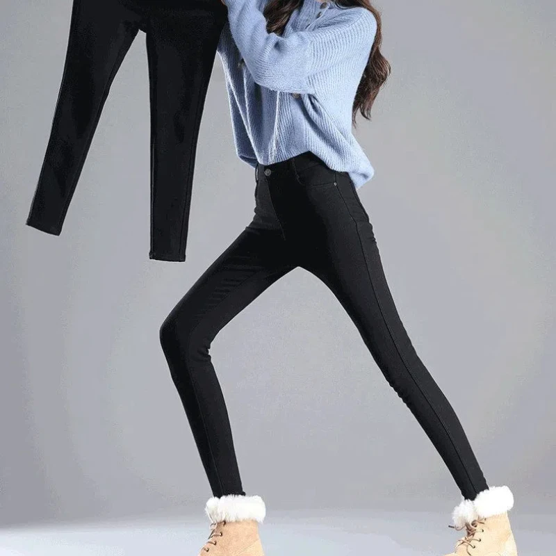 Korean Casual Autumn Winter New Women Solid Pockets Button Elastic High Waist Fashion Casual Slim Straight Leggings Pencil Pants