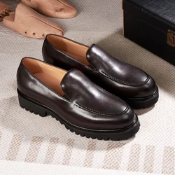 Genuine Leather Men's Formal Shoes Round Toe Smooth No-lace Loafers Business Casual Shoes Wedding Party Dress Shoes Men