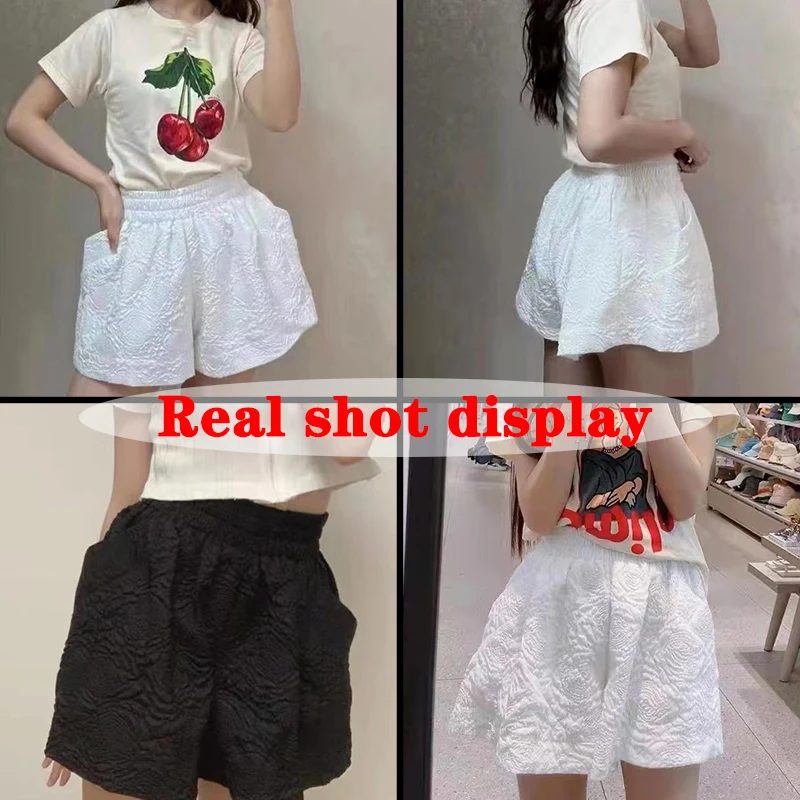 Short jacquard taille haute élastique pour femme, jambe large, poches, demi-pantalon, streetwear, noir, blanc, été, 2024