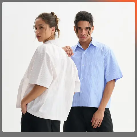 Camisas formais de verão masculinas oversized botão acima vestido recortado manga curta logotipo personalizado listrado roupas de trabalho de escritório topo