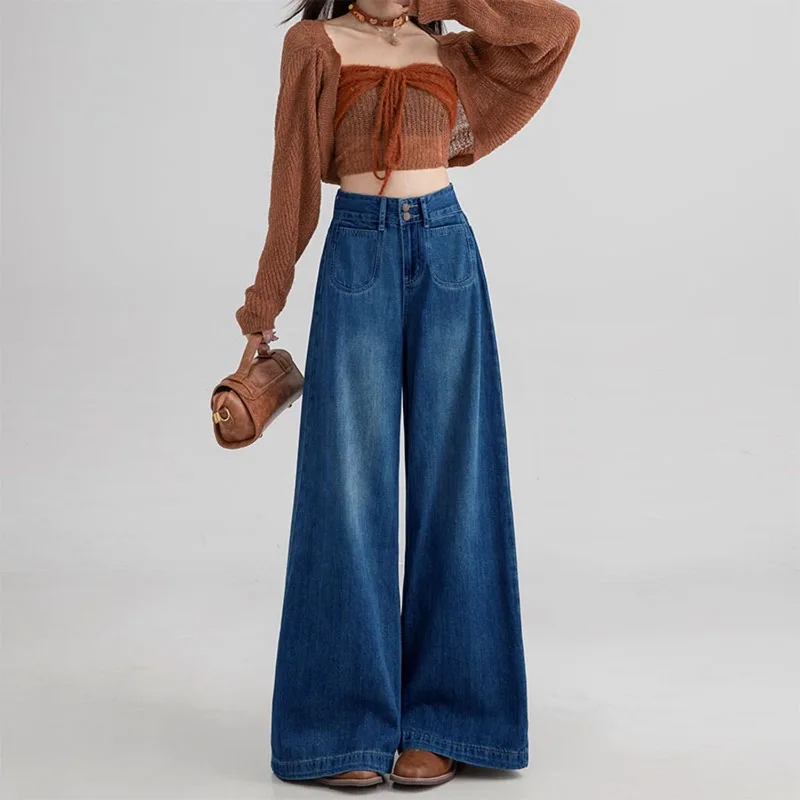 

Vintage Washed High Waist Wide Leg Jeans Women Elastic Denim Pants Casual Slim Long Trousers Fashion Streetwear Daily Outfit
