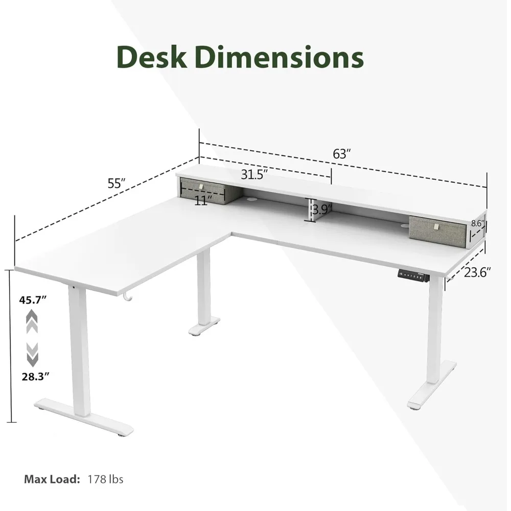 L shaped Electric Standing Desk with 2 Drawers, 63 Inch Ergonomic Adjustable Height Desk with Storage, Corner Desk