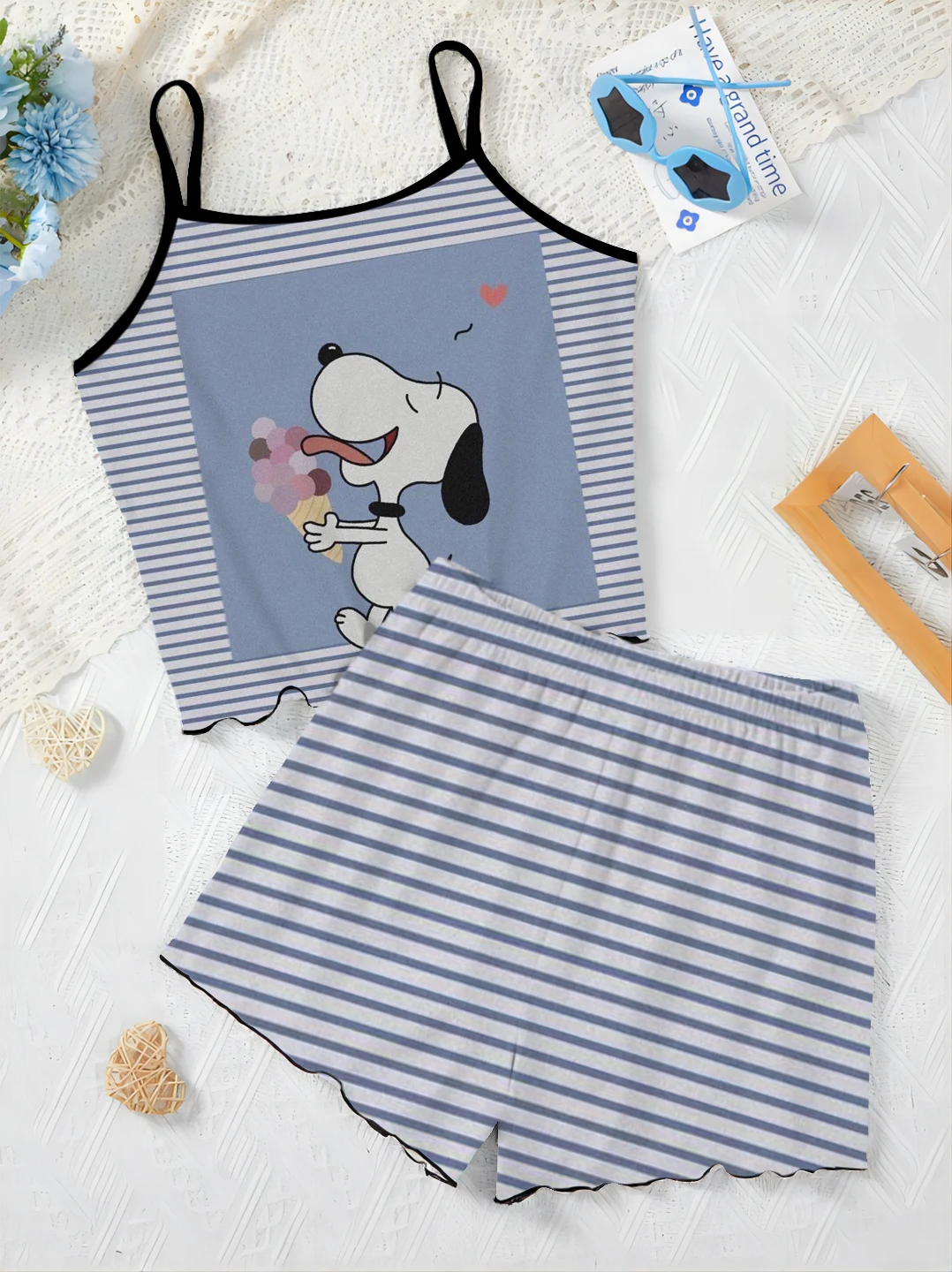 Conjunto de pijama feminino, blusa de camiseta, vestido deslizante, guarnição do Snoopy, roupas elegantes de verão, terno curto, saia, alface, 2024