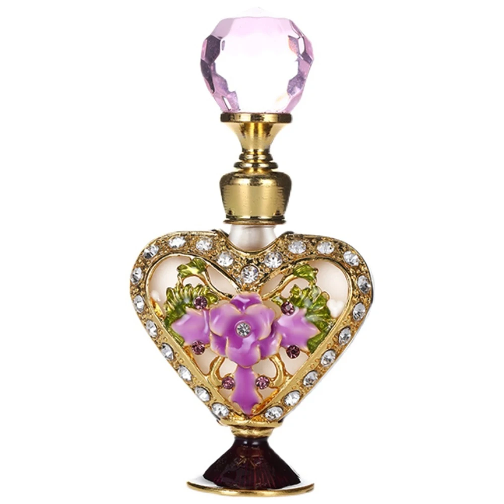 1pc 5ml Perfume Bottle Vintage Pink Purple Glass Carved Flower Diamond Decor Crystal Cap Refill Handmade Gift Home Ornament