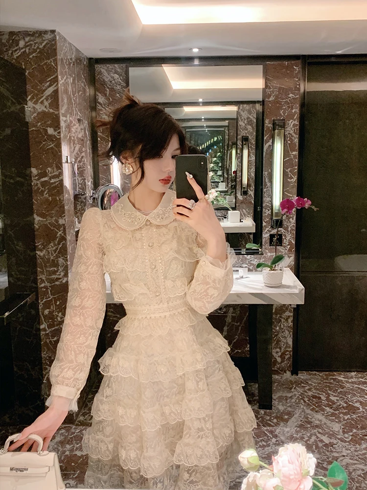 

Элегантное женское платье Better LS с кружевным воротником, корейский стиль, юбка-торт, модное, с длинными рукавами, с завышенной талией