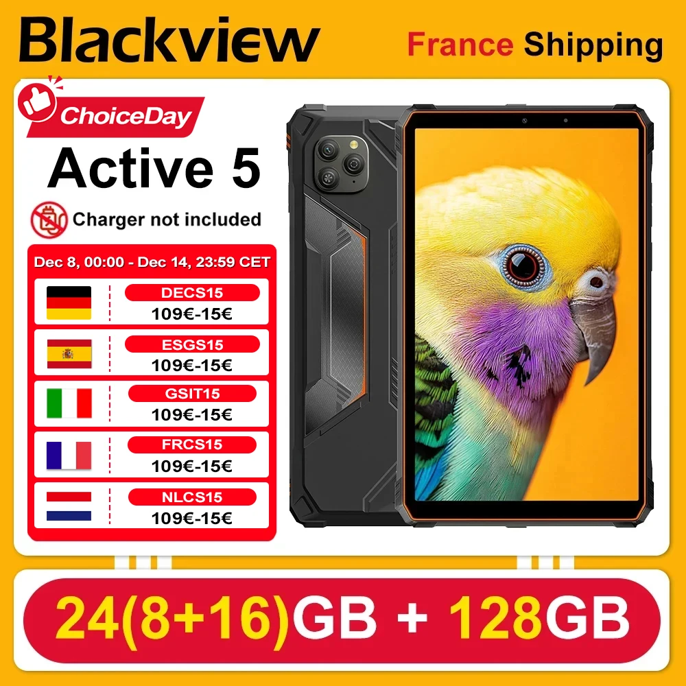 Blackview Active 5 tablette robuste [sans chargeur ue] 24(8 +16)GB + 128GB 8.68 ''Android 15 IPS 6600mAh Doke AI 16MP NFC empreinte digitale