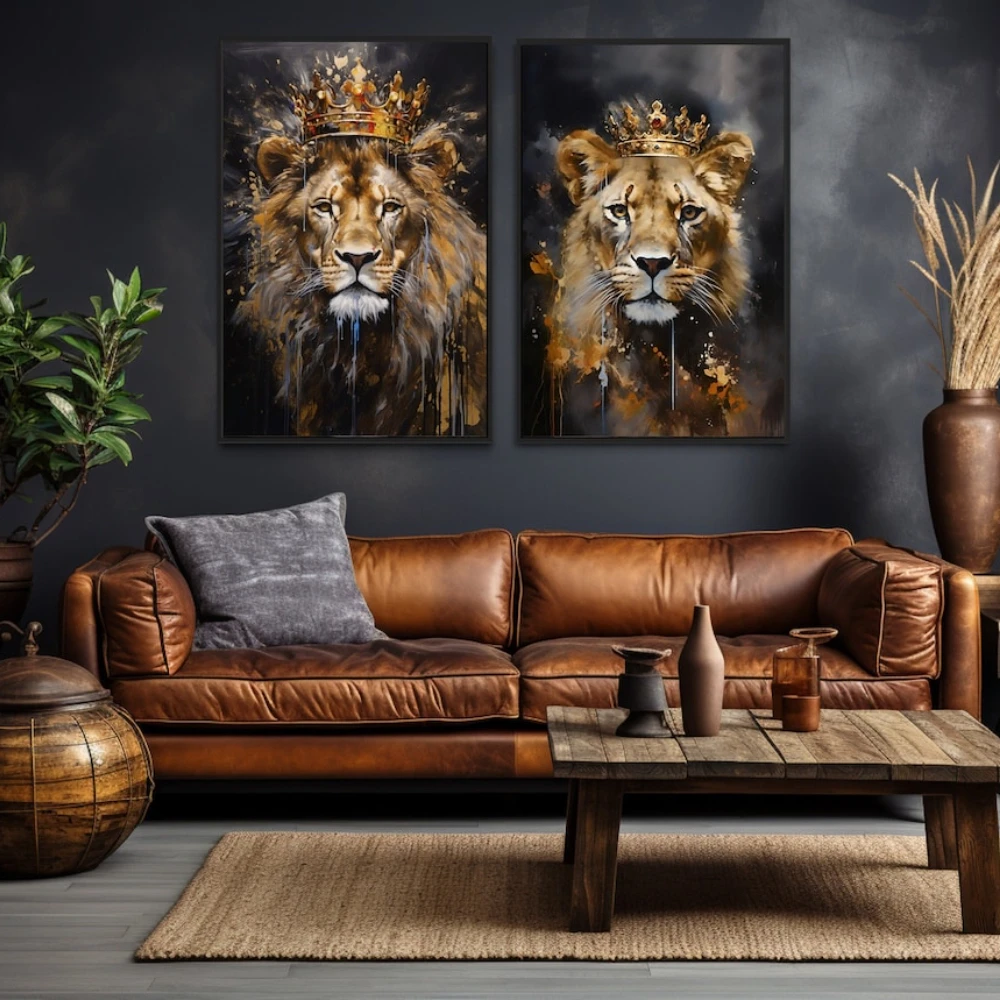 Löwenkönig und Löwenkönigin mit Krone Schwarz-Gold Gemälde Leinwandbild Romantisches Paar Schlafzimmer Wandkunst Poster für Zuhause