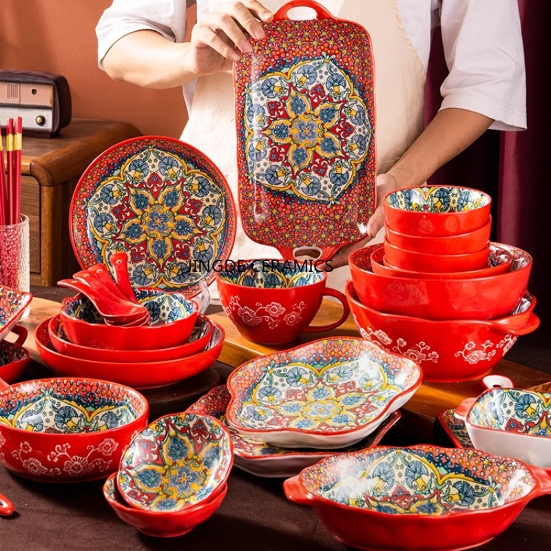 Vajilla de cerámica roja bohemia, tazón con asa, tazón de arroz/noodle, taza de desayuno, plato de postre, plato de Pasta, vajilla para el hogar, 1 ud.