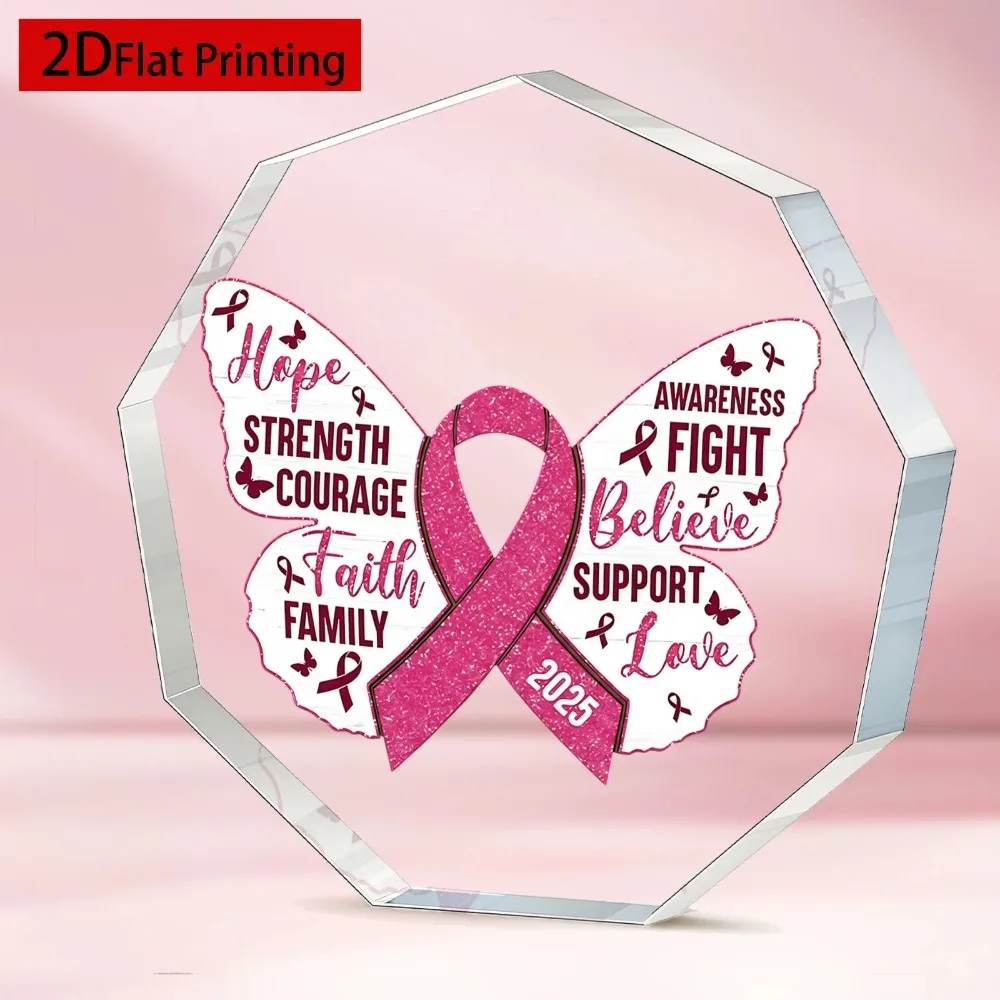 CIFBUY Acrylic Breast Cancer Awareness Sign 2D Pink Ribbon Wing Wall Decor Motivational Gift for Survivors Warrior Office
