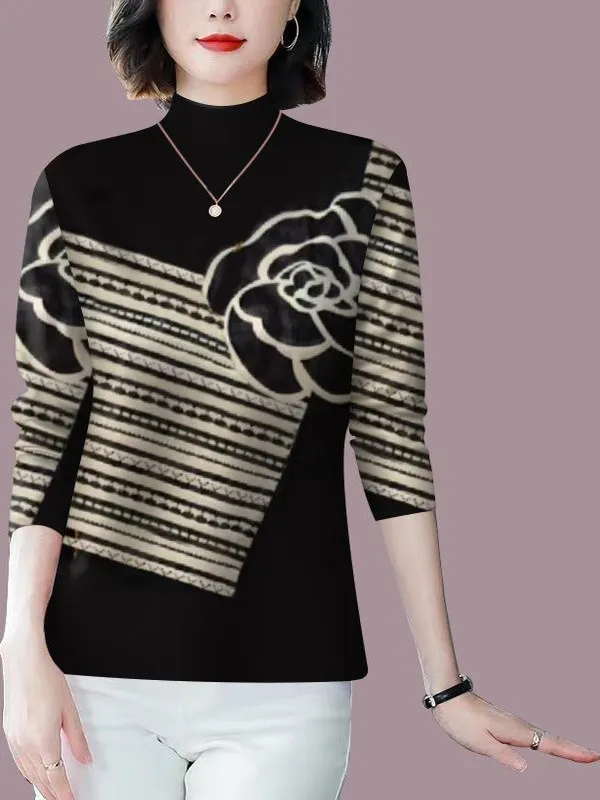 

Thickened Fleece Long Sleeve T-Shirt Women's Casual Slim Fit Warm Polyester Fiber Printed Floral Stripe Mommy Clothes Belly C...