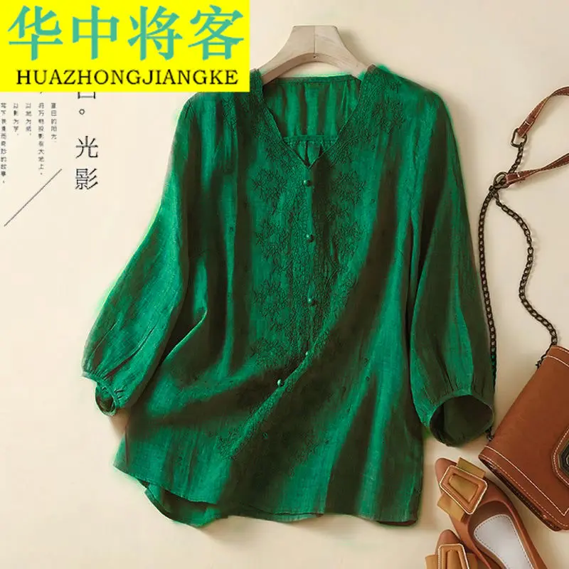 تي شيرت بأكمام سبعة أرباع فضفاض مناسب للتخسيس للأمهات في منتصف العمر ورقبة على شكل حرف v ملابس صيفية بلوفر رفيع