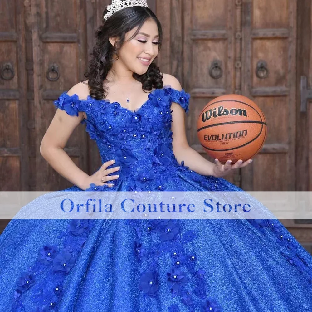 Vestido de princesa azul real para quinceañera, traje con hombros descubiertos, apliques de encaje dulce 15, vestidos brillantes de fiesta de cumpleaños, talla personalizada, 2022