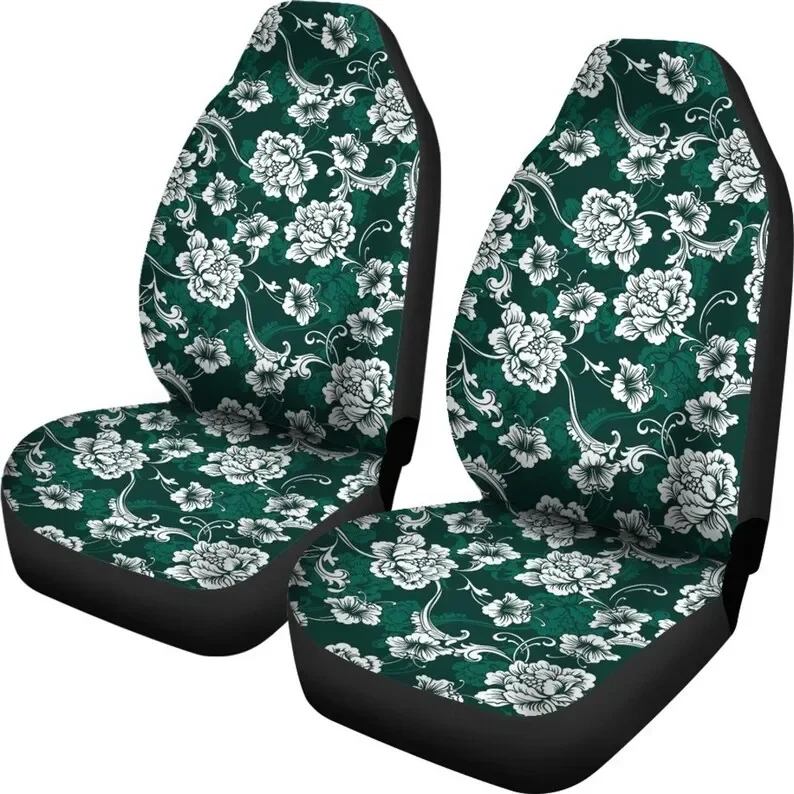 Dark Emerald Green, White Baroque Flower Elegant Floral Design Pattern Antique Vintage Style Car Seat Covers Universal Fit For B