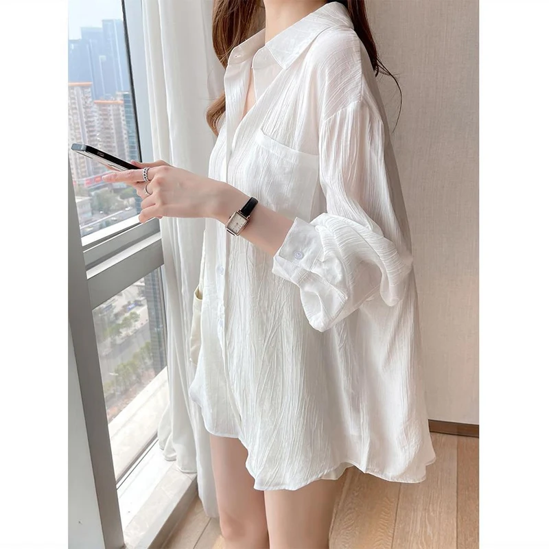 Ice Silk White Sunscreen Shirt Women\'s Long Sleeved 2023 Summer New Versatile Cardigan Thin Coat Simplicity Fashion Clothing