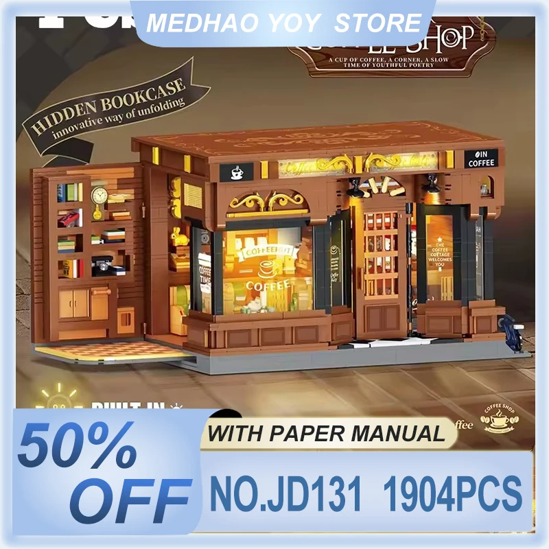 Blocos de construção de cafeteria estilo americano vintage jd131 street view cafe shop arquitetura tijolo brinquedos diy presentes de natal adultos