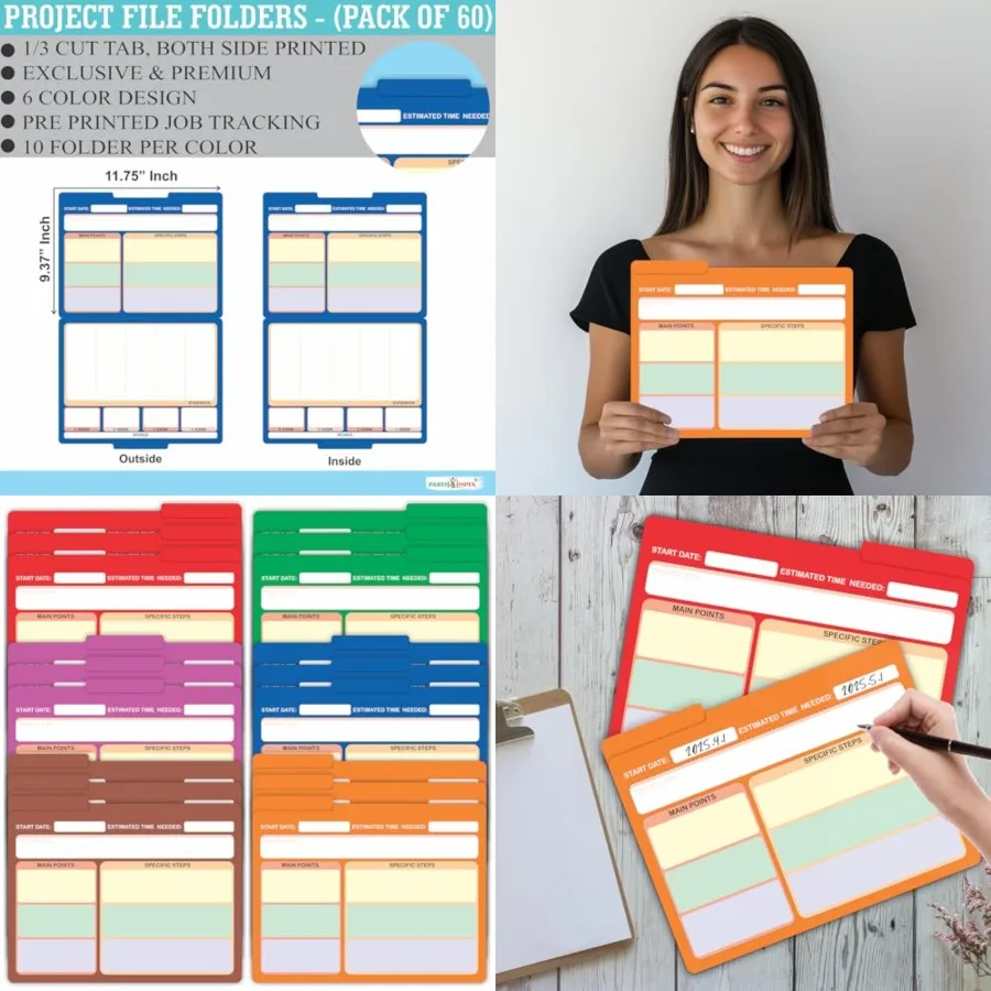 

60 Pack Project File Folders 1/3 Cut Tab with Assorted Positions for Letter Size Paper Holders 9.37 x 11.75 Preprinted Job Trac