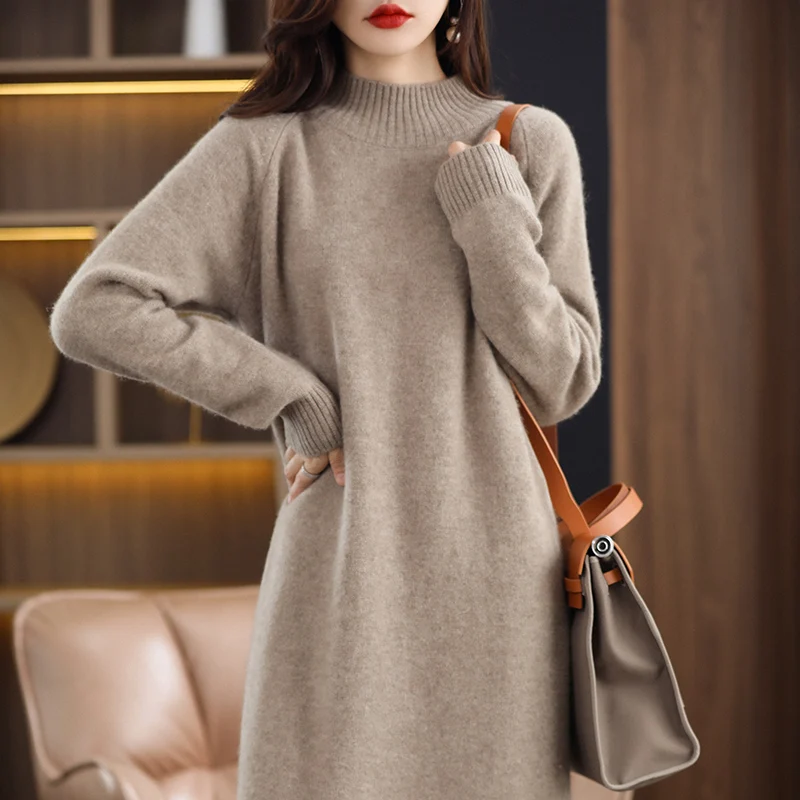 High-end New 100% Pure Cashmere Long Sweater Dress Women Loose Large Size Knitted Dresses Female Fashion O-Neck Pullover 3Colors