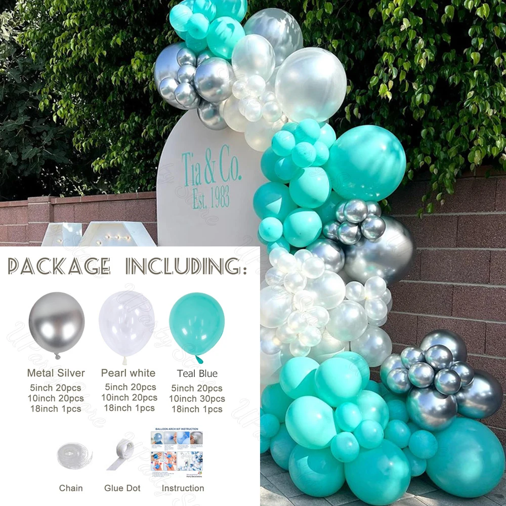 1 Set Teal Blue Balloons Garland Metal Silver Pearl White Teal Mint Blue Balloon Arch for Birthday Wedding Party Decoration