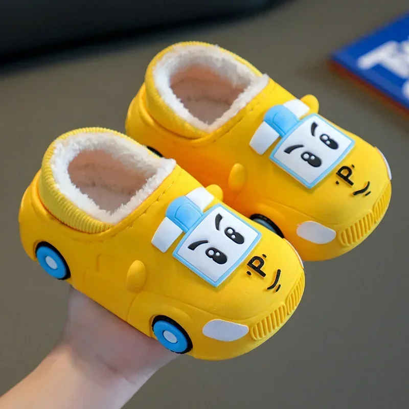 Cartoon Car Slippers Children Winter Warmer Plush Slides Babi Lovely Indoor Slippers Shoes Kids