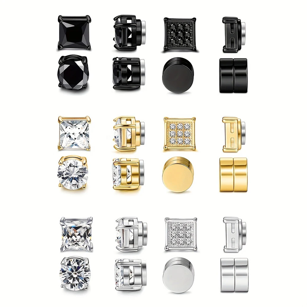 4 Pairs Stainless Steel Magnetic Stud Earrings, Fashion Cubic Zirconia Magnetic Non-piercing Ear Clip For Men