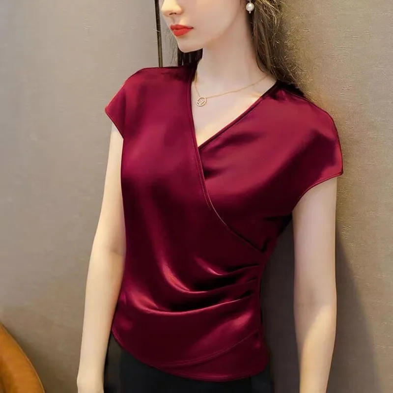 2024 Women White Red Black sexy V-Neck Acetate satin Blouses Fashion elegant office lady Chiffon Shirts tops silk Satin Blusas