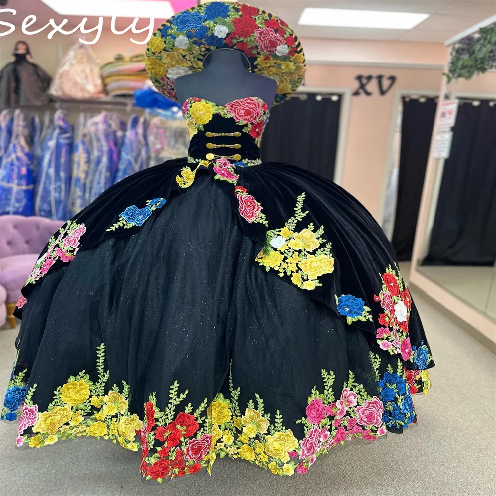 Vestidos Vintage de quinceañera negros, vestido gótico hinchado con flores coloridas, corsé para fiesta de nacimiento de 15 años, 2023 vestido de fiesta de boda vestido fiesta boda invitada