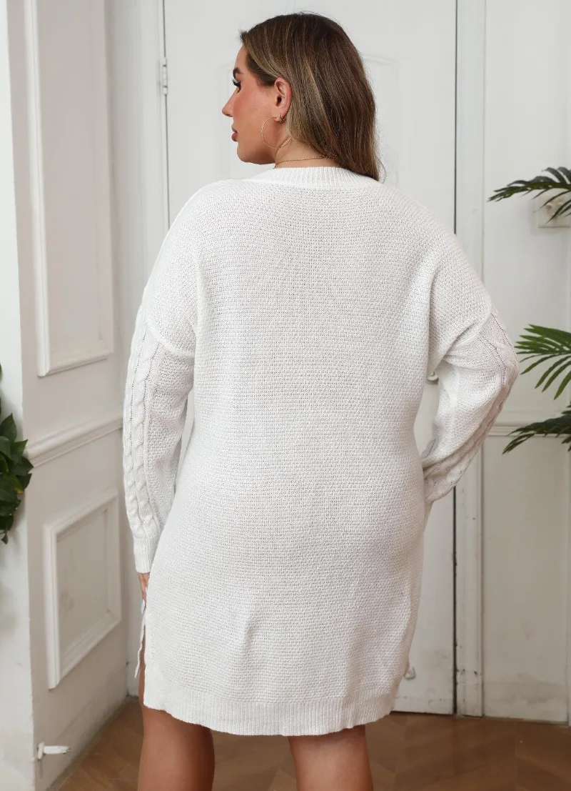 Kexu plus size feminino com decote em v torções de massa frita malha tecido camisola vestido sólido mão crochê costura outono inverno vestido