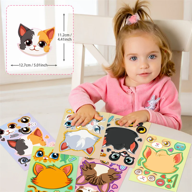 6-24Sheet Make Your Own Cats Stickers Kids DIY Make-A-Face Sticker Party Games School Activity Reward Puzzle Jigsaw Children Toy