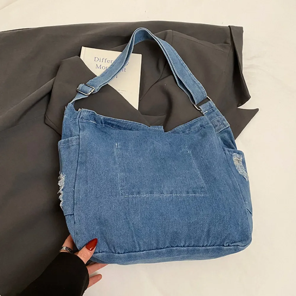 

Simple Shoulder Bag Denim Canvas Bag Buckle Strap Crossbody Bag Vintage Handbag Solid Color Shopping Bag Simple Tote Bag Girl