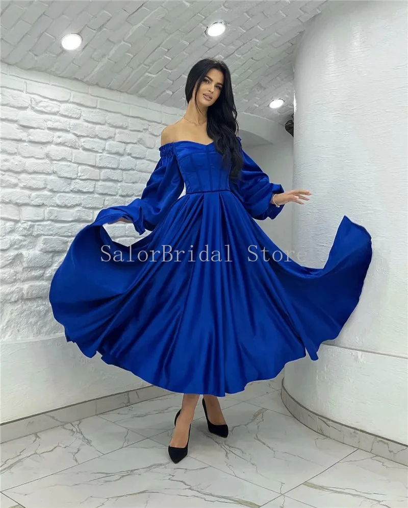 

Off Shoulder Prom Dresses for Women Long Sleeves A Line Satin Formal Evening Gowns Elegant Ankle-length Party Dresses