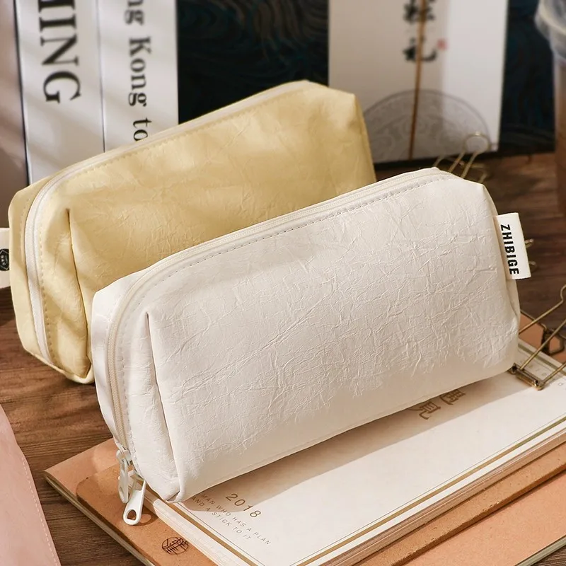 Kawaii Cream Leather Pencil Case Waterproof Large Capacity Stationery Pouch Cute Aesthetic Pen Bag Girls School Supplies