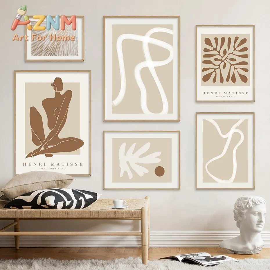 Line Wall Art Poster  Minimalist Canvas Paintings Print Picture for Living Room Interior Home Boho Abstract Matisse Beige White