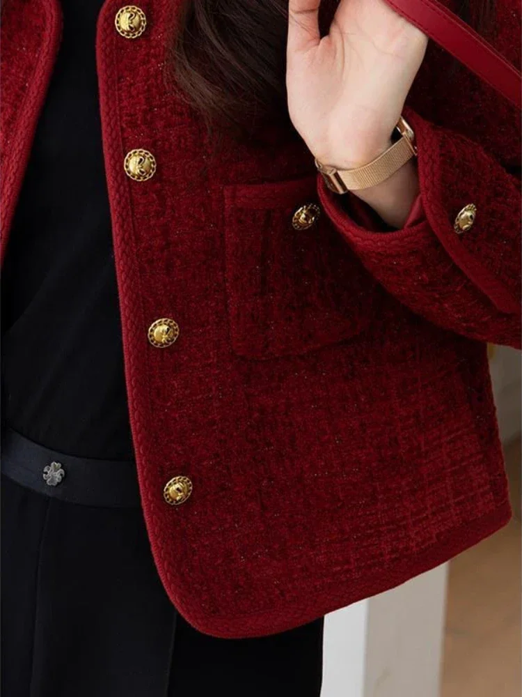 Wine Red Women\'s Jackets 2024 Autumn and Winter New  Metal Buckle Short Women Coat Korean Fashion Slim Elegant Tweed Jackets