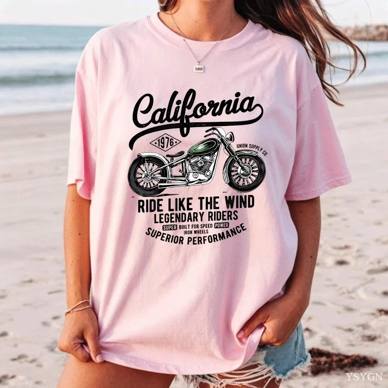 Vintage Motorcycle California Tshirt Street Women Casual T Shirt Oversize Cotton Short Sleeve Streetwear Hip Hop O-Neck T Shirt