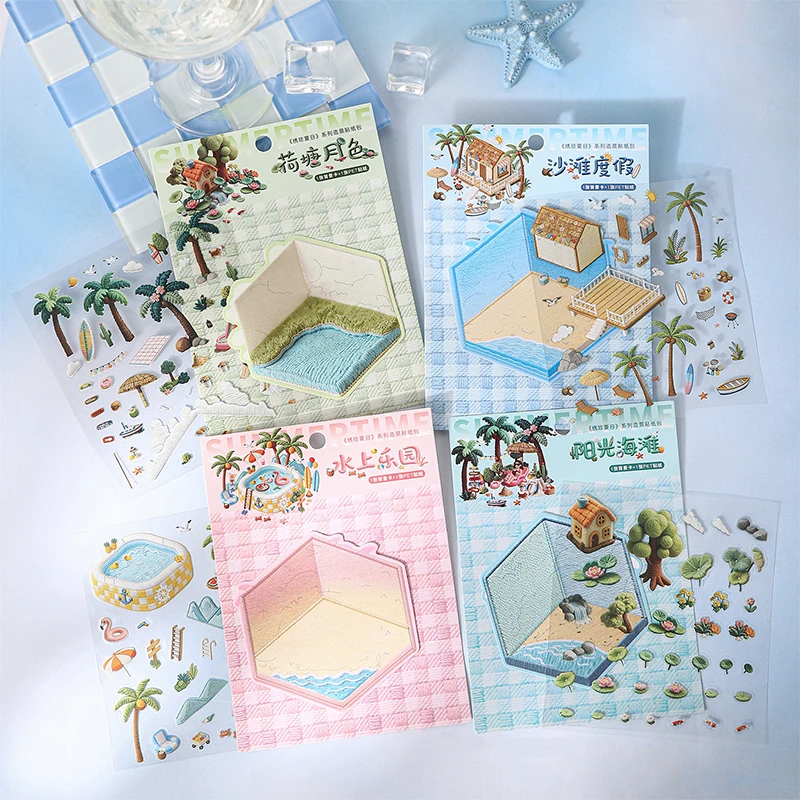 4 Style Summer Beach Themed Landscape Sticker Simulated Embroidery Collage Decorative Stickers DIY Journal Scrapbook Diary Decor