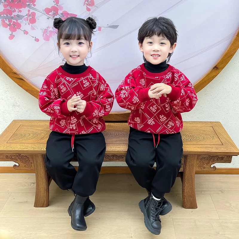 2022 New Year Chinese Traditional Tang Suit for Kids Costumes Long Sleeve Cotton Sets China Knot Suit Winter Baby Warm Clothing