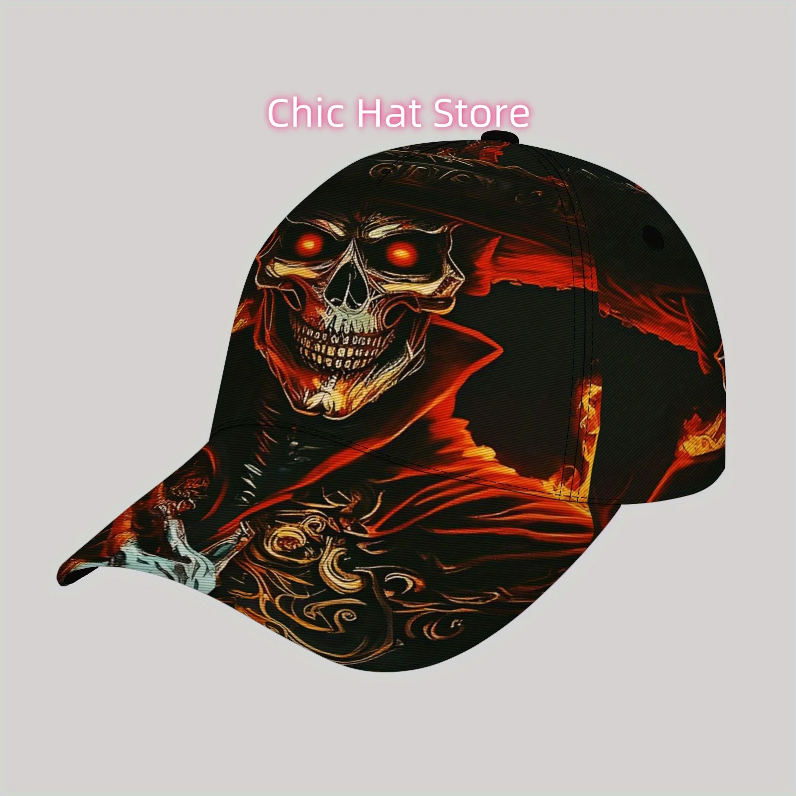 Fashionable and Lightweight Sun Hat, Cool Hip-hop Baseball Cap, Suitable for Beach, Flame Death God Skull Pattern