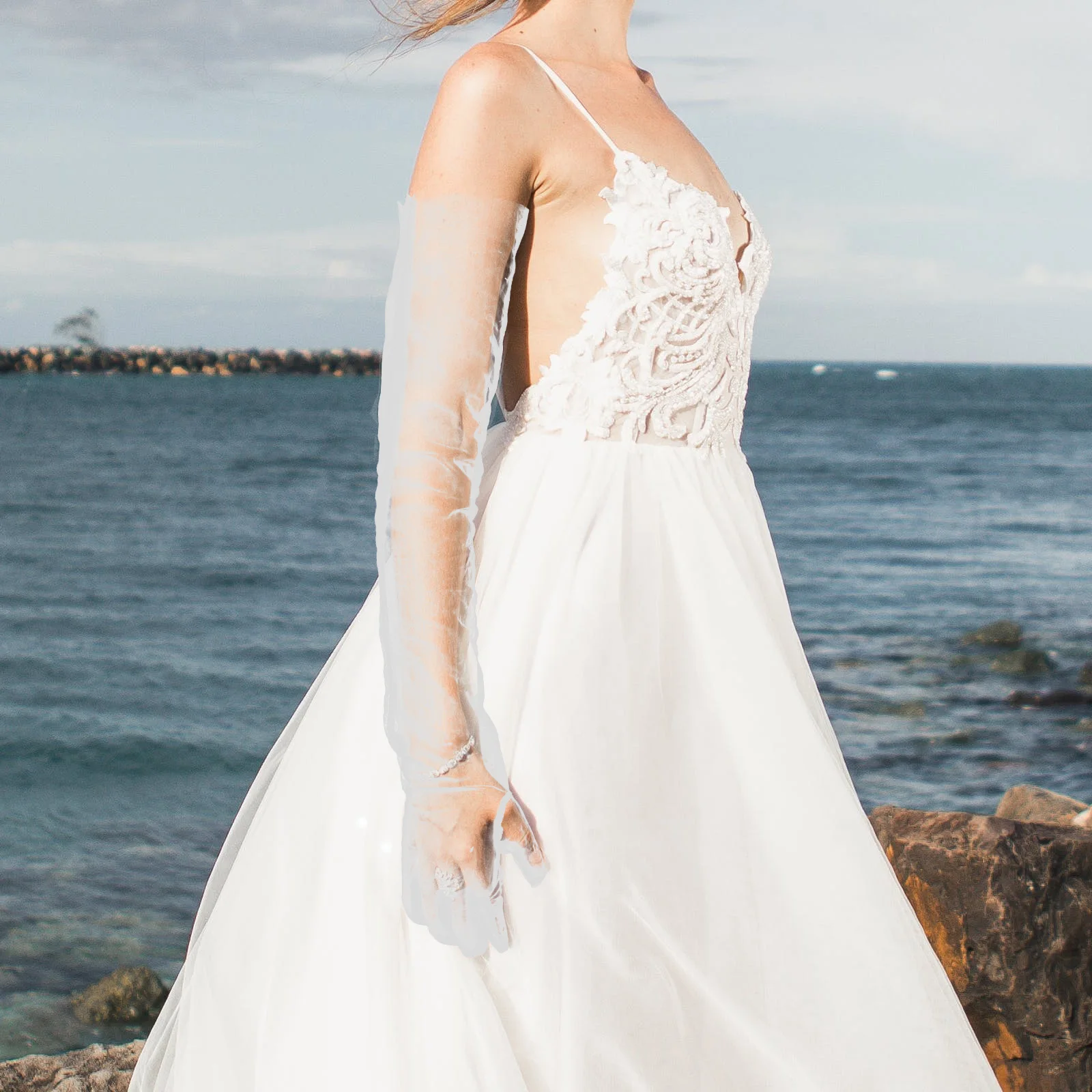 1 par de luvas ultra longas e transparentes, véu de malha respirável, leve e elegante para noiva, festa de casamento, mulheres formais