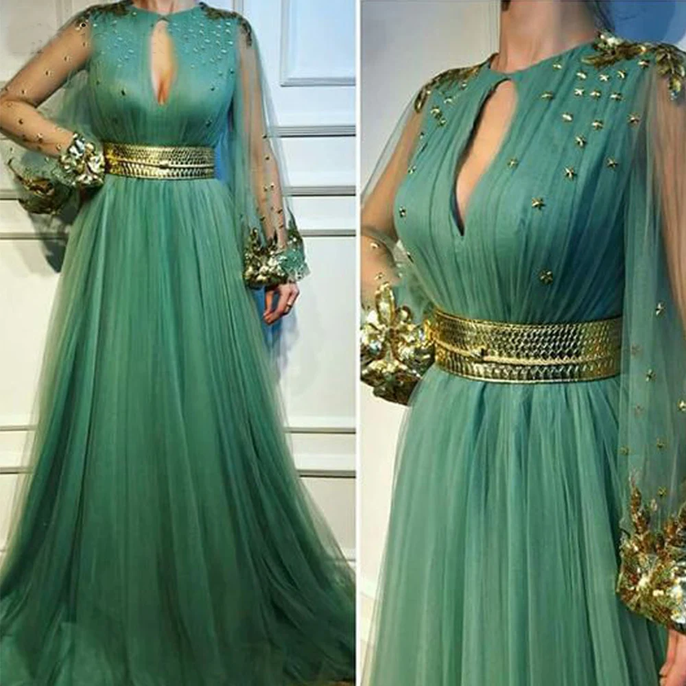 Gold Applique Beads Green Tulle Evening Dress Puff SleevesWomen Formal Dresses A-line Train Gold Sash robe de soirée de mariage