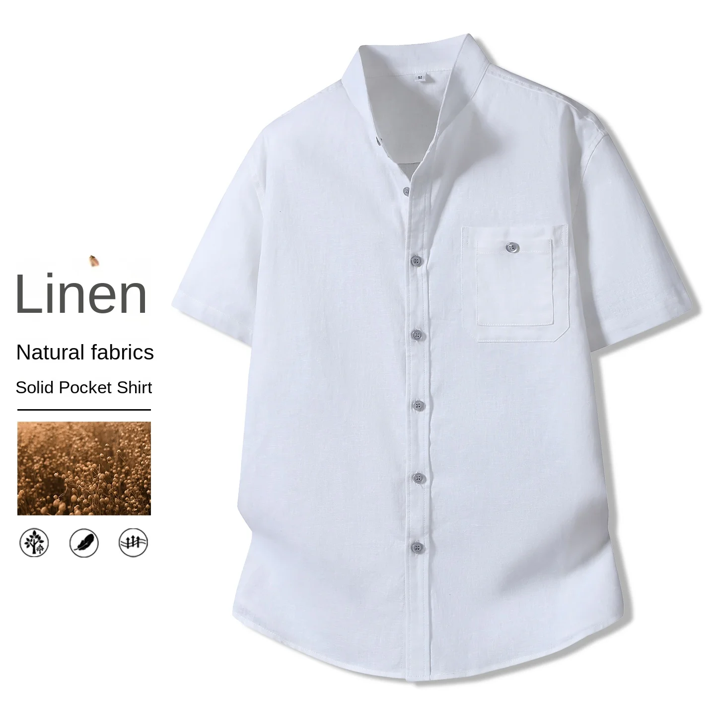 

Mens Clothing Summer White Short Sleeve Shirt Mens Shirts Thin Breathable Casual Comfort Cotton Linen Pocket Stand Collar