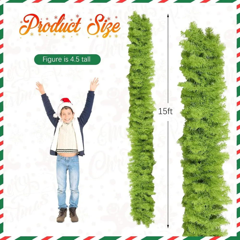 Guirlanda de Natal verde caprichosa de 15 pés para férias, vegetação interna e externa, ideal para escadas, lareira, trilhos, lareira, frente